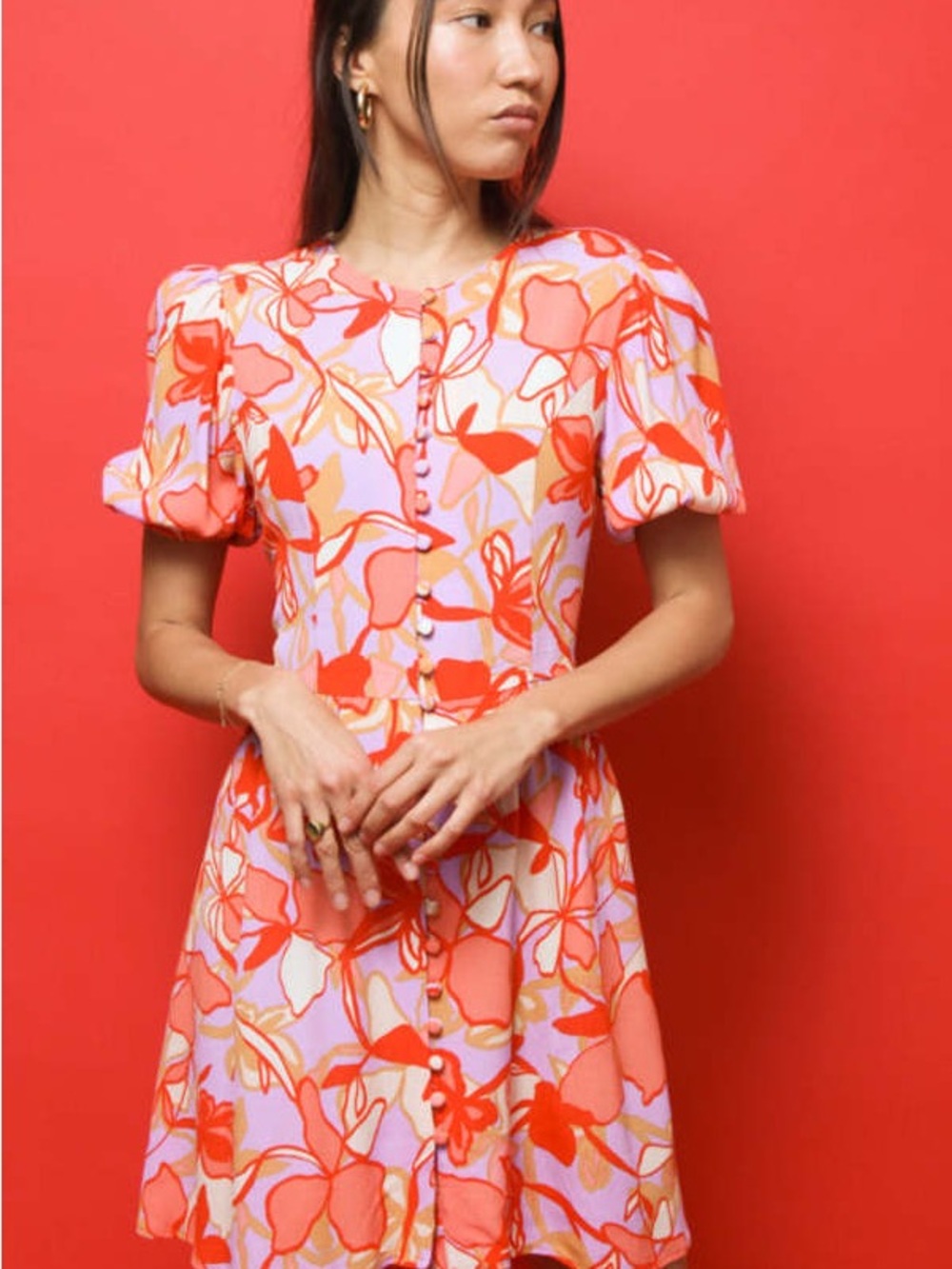 Flowy Floral Button-Front Dress Puff Sleeves Feminine Playful Event Party Office